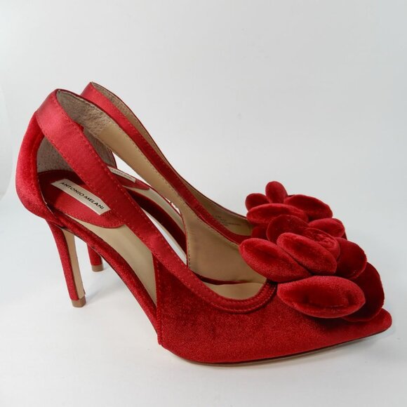 ANTONIO MELANI Ester Velvet Red Flower Heel Pumps Size 6.5 Pointed Toe NEW - Picture 8 of 16